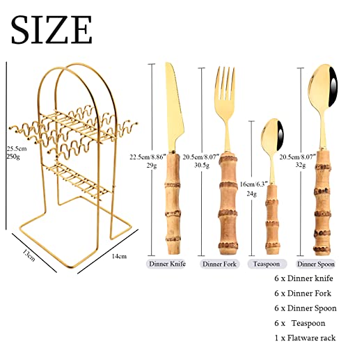 Snplowum 24-Piece Gold Stainless Steel Flatware Set, Bamboo Handle Cutlery with Stand Dinnerware Set Include Knife Fork Spoon And Teaspoon, Service For 6, Mirror Finished.