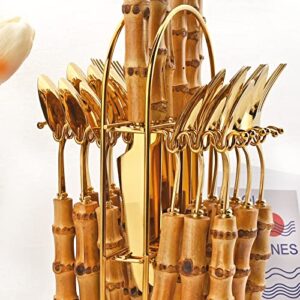 Snplowum 24-Piece Gold Stainless Steel Flatware Set, Bamboo Handle Cutlery with Stand Dinnerware Set Include Knife Fork Spoon And Teaspoon, Service For 6, Mirror Finished.