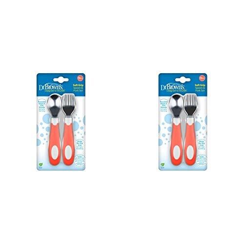 Dr. Brown’s Designed to Nourish Soft-Grip Spoon and Fork Set, Coral (Pack of 2)