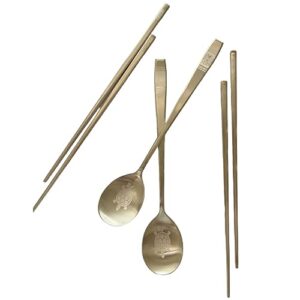 cozymomdeco korean made traditional pattern engraved chopsticks spoon set 18-10 stainless steel gold color 2set