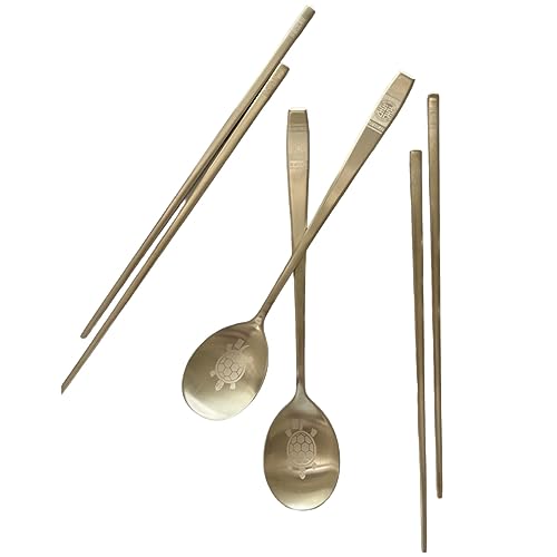 cozymomdeco Korean Made Traditional Pattern Engraved Chopsticks Spoon Set 18-10 Stainless Steel Gold Color 2SET