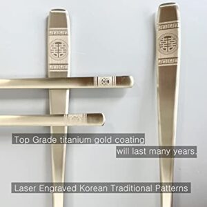 cozymomdeco Korean Made Traditional Pattern Engraved Chopsticks Spoon Set 18-10 Stainless Steel Gold Color 2SET