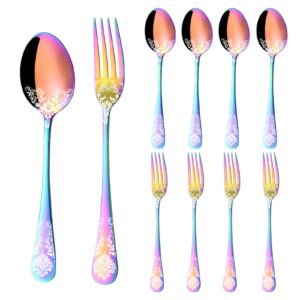 24-piece rainbow spoons and forks silverware set for 12, laienlife unique stainless steel flatware set of forks spoons, modern utensils cutlery service for home kitchen restaurant, mirror polished