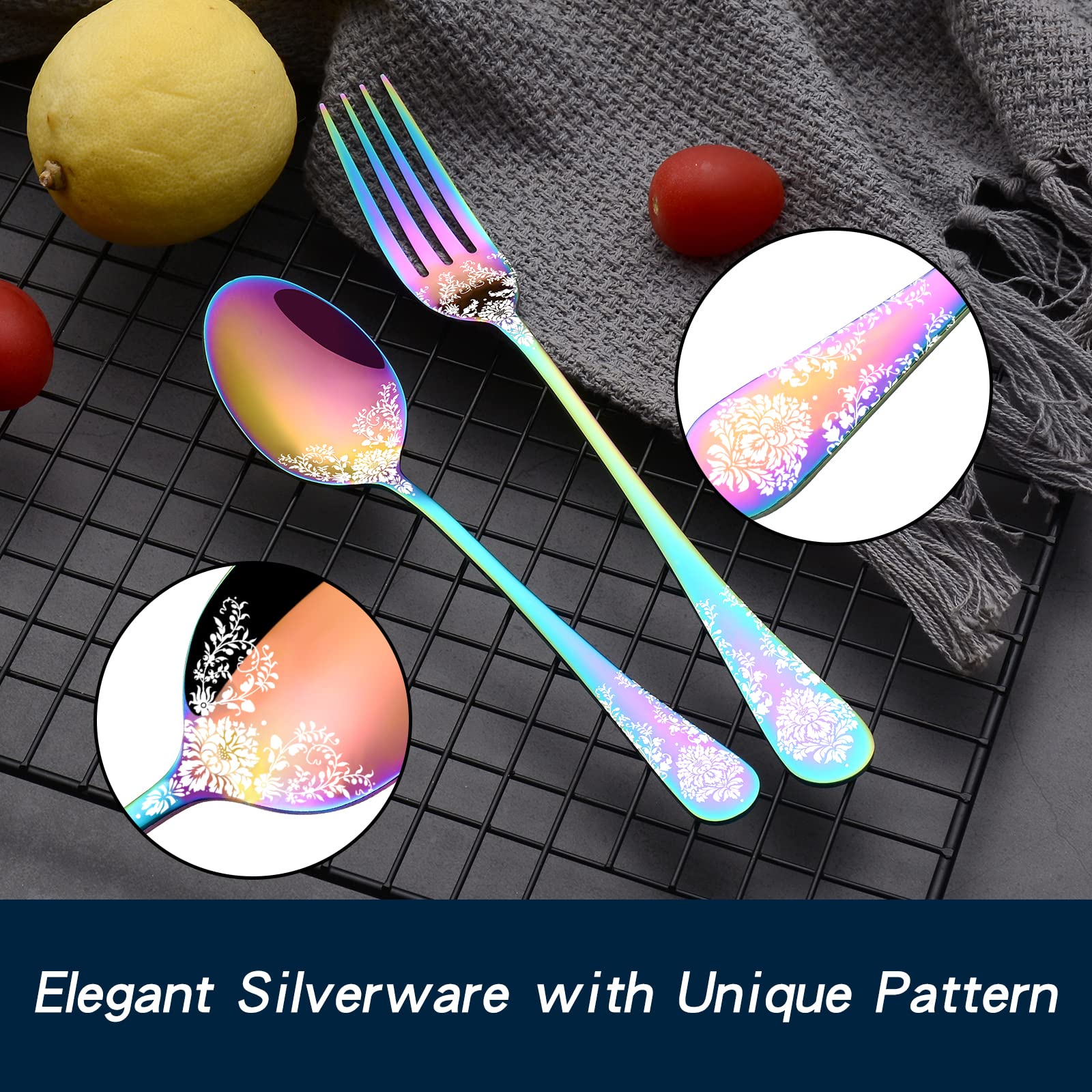 24-Piece Rainbow Spoons and Forks Silverware Set for 12, LaienLife Unique Stainless Steel Flatware Set of Forks Spoons, Modern Utensils Cutlery Service for Home Kitchen Restaurant, Mirror Polished