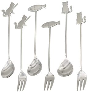 maydahui 6pcs cat fish spoon and fork cute coffee animal spork 5.8 inch 18/10（304）stainless steel teaspoon dessert drink sugar spoons fruit forks tableware