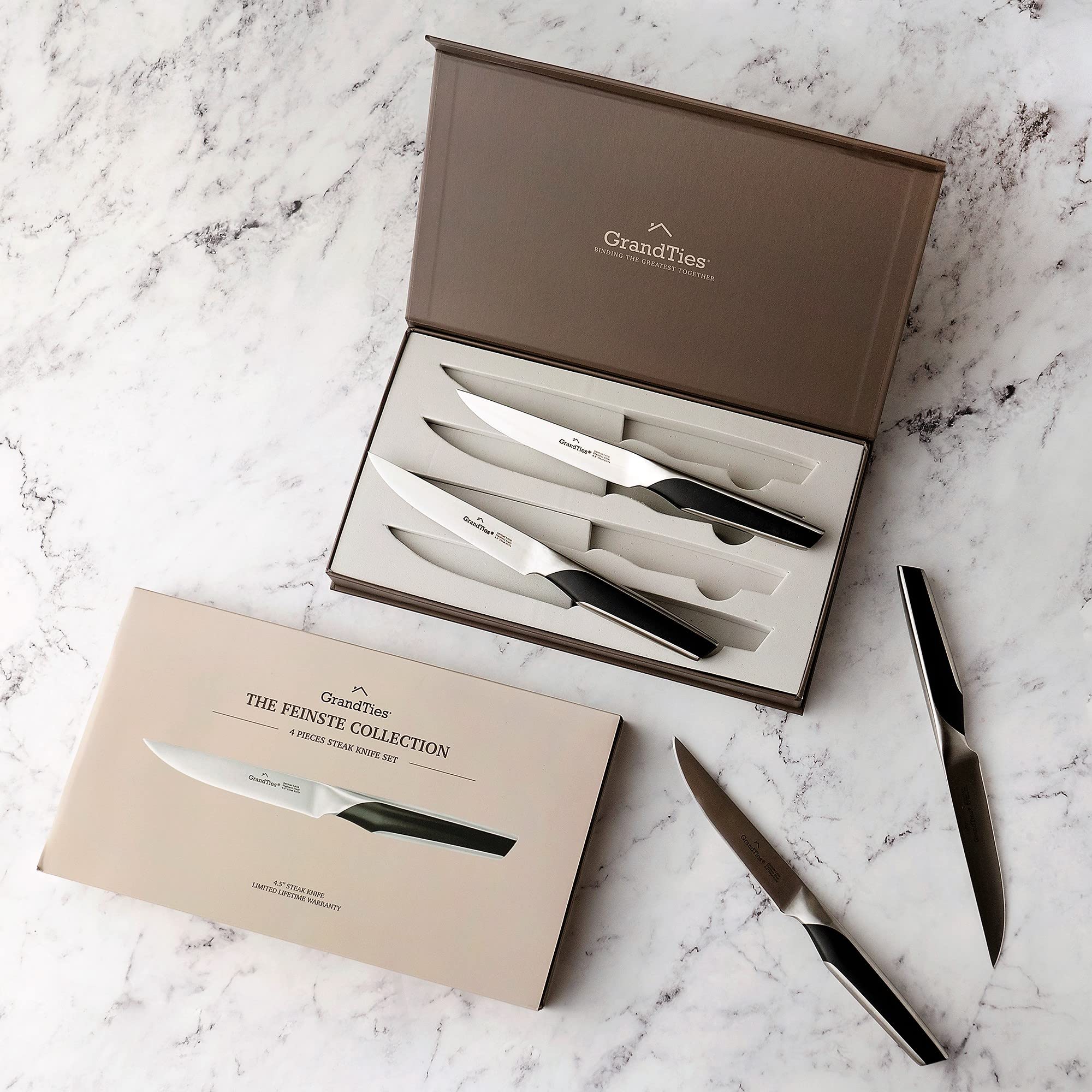 GRANDTIES FEINSTE Ultra Sharp Premium Steak Knife Non Serrated | High Carbon German Stainless Steel Steak Knives Set of 4 | Full Tang Knife Dinnerware Sets Gift with Designed Knife Box
