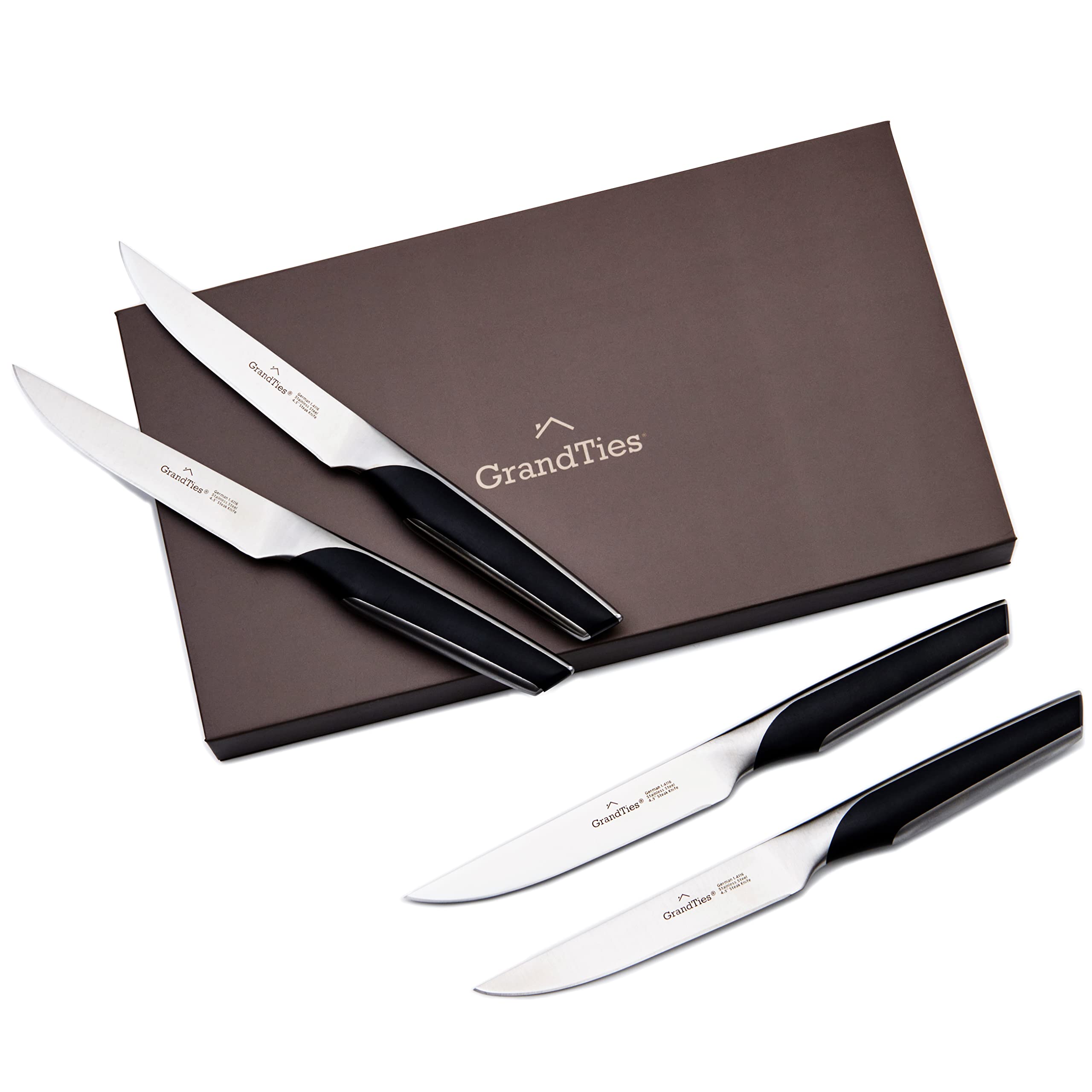 GRANDTIES FEINSTE Ultra Sharp Premium Steak Knife Non Serrated | High Carbon German Stainless Steel Steak Knives Set of 4 | Full Tang Knife Dinnerware Sets Gift with Designed Knife Box