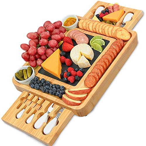 CTFT Cheese Board and Knife Set Bamboo Charcuterie Boards Serving Platter with Slate Plate -Cheese Platter Board, Novelty Cheese Platter,Best Gifts for Housewarming,Women,Bachelorette Party Gift