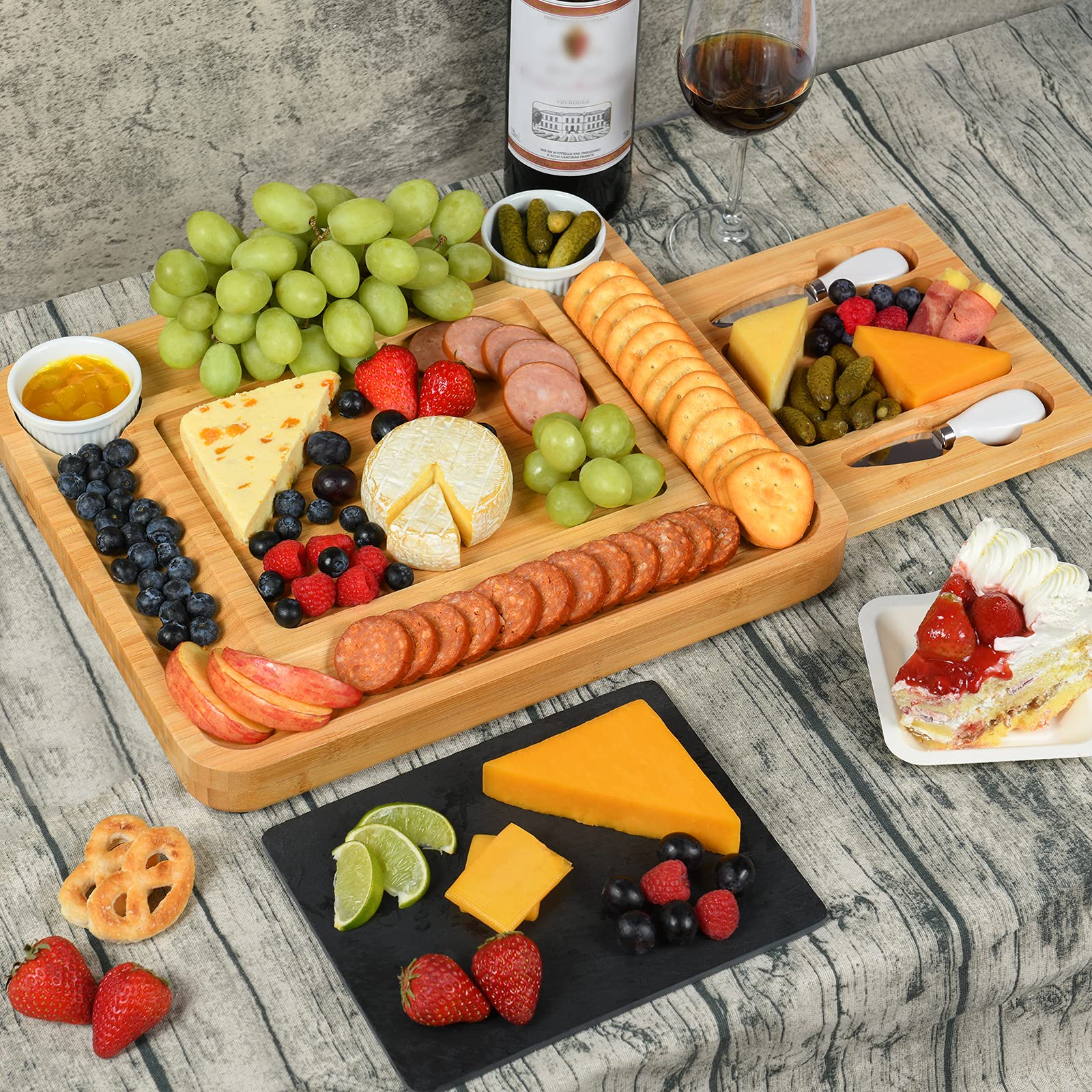 CTFT Cheese Board and Knife Set Bamboo Charcuterie Boards Serving Platter with Slate Plate -Cheese Platter Board, Novelty Cheese Platter,Best Gifts for Housewarming,Women,Bachelorette Party Gift