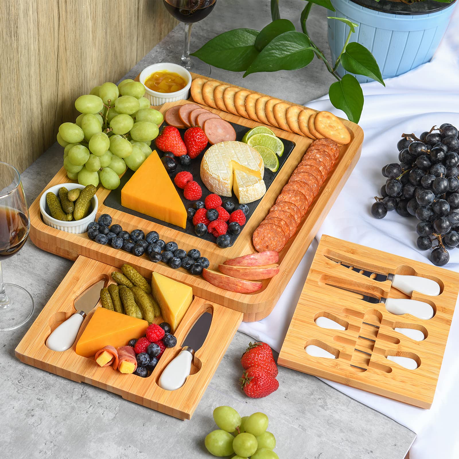 CTFT Cheese Board and Knife Set Bamboo Charcuterie Boards Serving Platter with Slate Plate -Cheese Platter Board, Novelty Cheese Platter,Best Gifts for Housewarming,Women,Bachelorette Party Gift