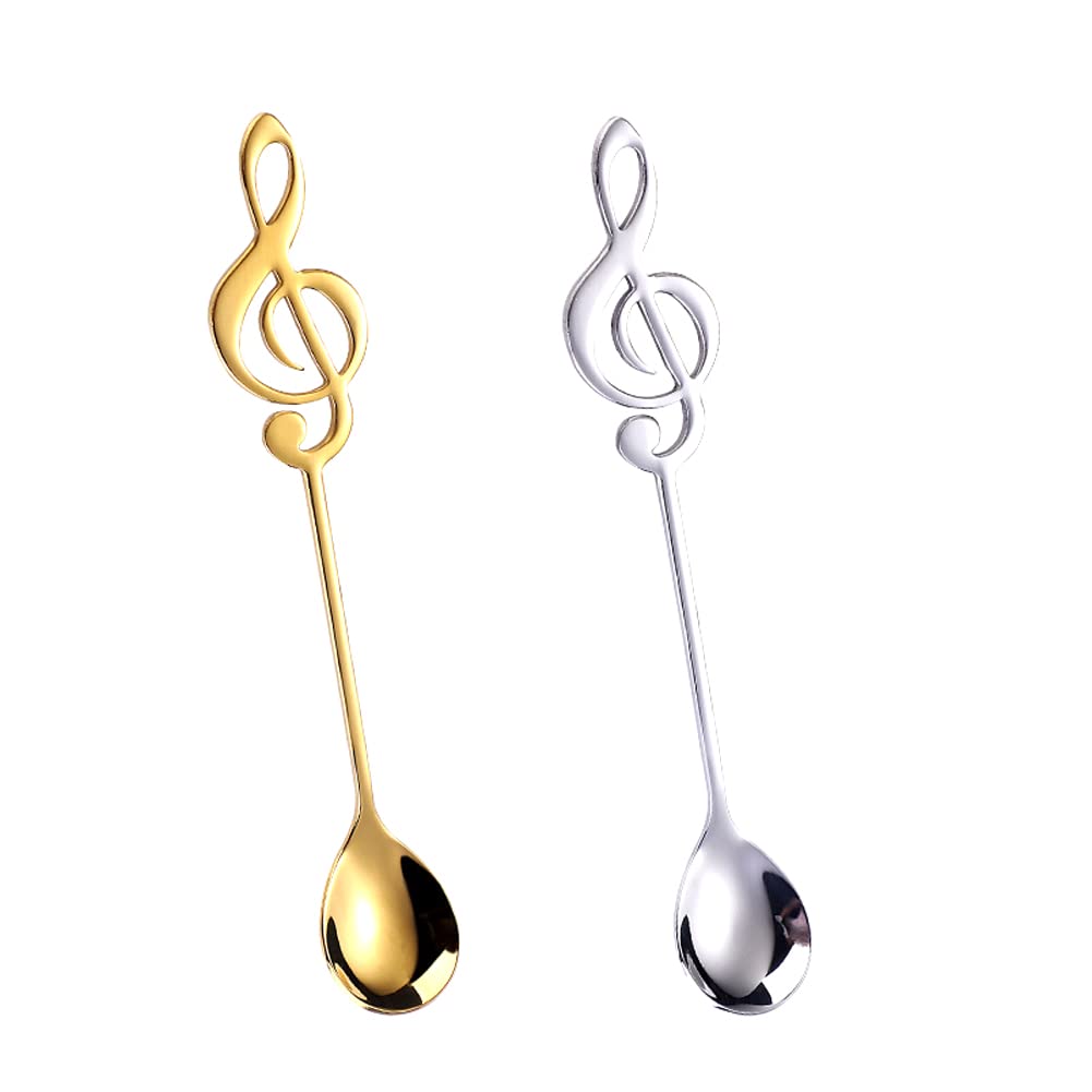 Music Note Spoons for Music Lover Gifts for Women Men Coffee Spoons Set for Coffer Lover Birthday Gifts for Friend Family Stainless Steel Musical Teaspoon Set of 2 (Gold + Silver)