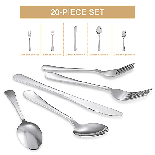 Gold Silverware Set, 20 Piece Flatware Cutlery Set Stainless Steel Kitchen Utensils Service for 4, Dishwasher Safe, Mirror Polished Dinner Knife, Fork, Spoon for Home and Restaurant (Gold)