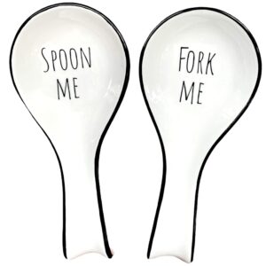 oakoa 2 pack spoon rest for stove top - fork me spoon me - kitchen spoon holder for kitchen counter - ceramic ladle holder - white utensil rest for countertop - cute funny farmhouse spatula holder