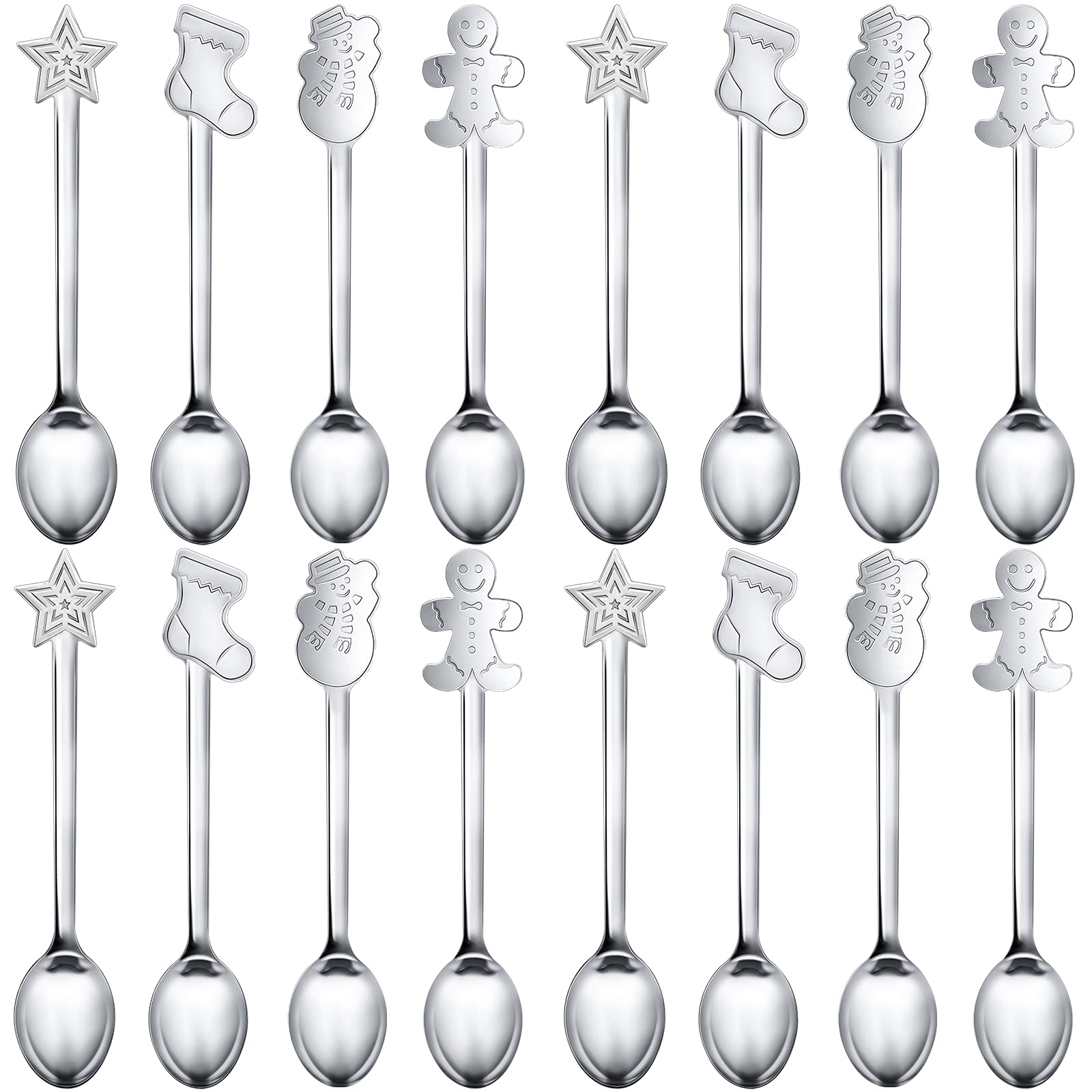 16 Pieces Christmas Spoon Set Christmas Stirring Spoon Creative Stainless Steel Coffee Spoon Tea Spoon Soup Spoon Dessert Spoon for Stirring Drink Mixing Milkshake Jam (4 Styles) (Silver)