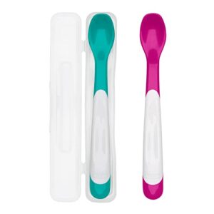 oxo tot plastic feeding spoons with travel case- teal & pink , 3 piece set