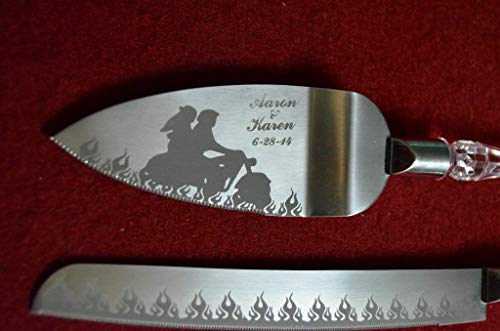 Aaron's Etching Flaming Motorcycle Biker Engraved Wedding Cake Knife/Server Set with Names and Date