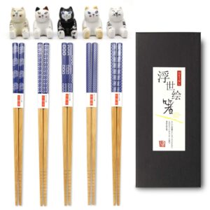 5 pairs japanese style bamboo chopsticks and rest, cartoon cute fat cat chopstick rest, classic tasteful simplicity gift set wooden natural bamboo reusable lightweight non slip for chinese chopstick