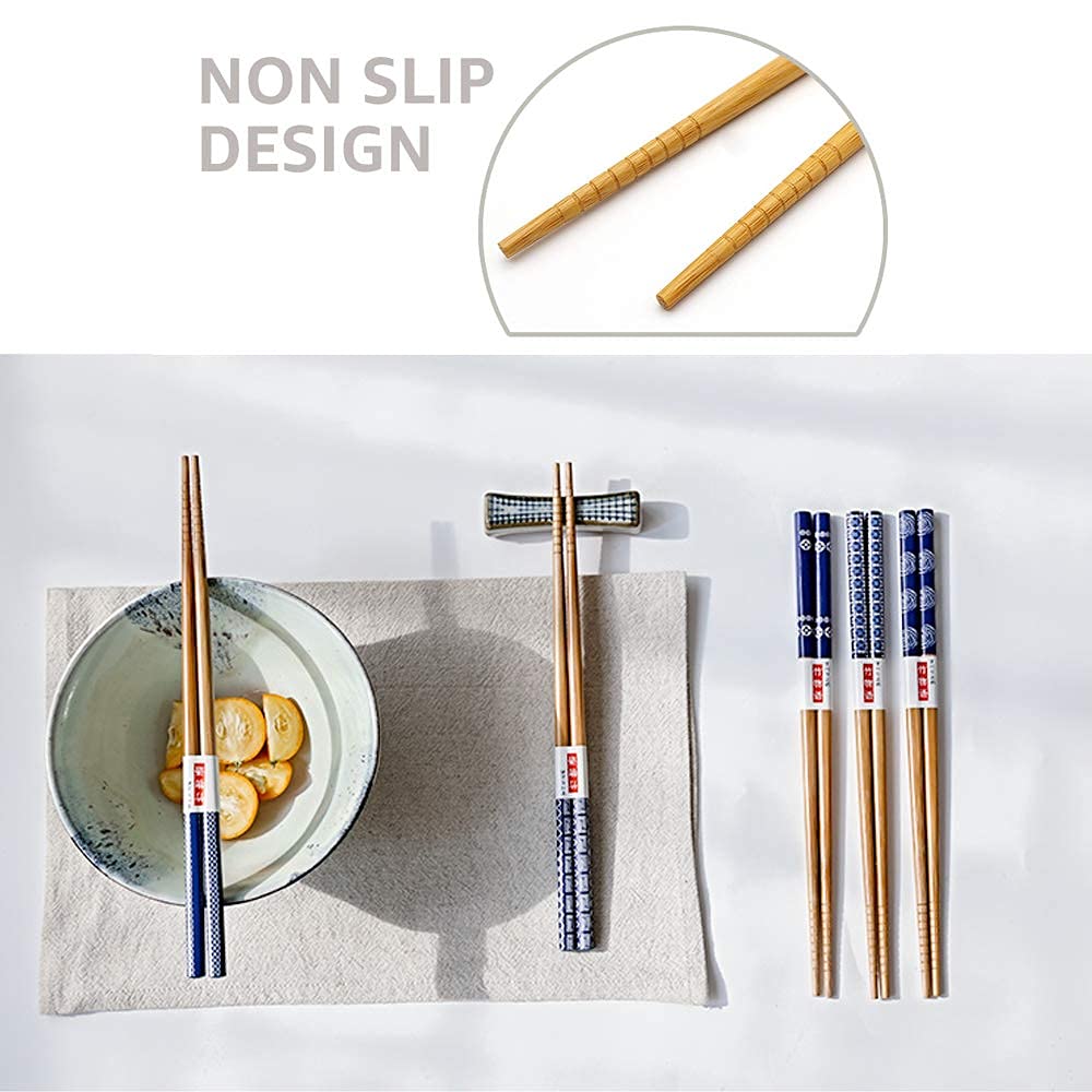 5 Pairs Japanese Style Bamboo Chopsticks and Rest, Cartoon Cute Fat Cat Chopstick Rest, Classic Tasteful Simplicity Gift Set Wooden Natural Bamboo Reusable Lightweight Non Slip for Chinese Chopstick