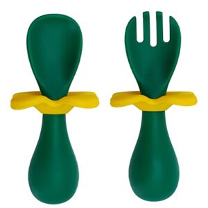 woozle time - toddler fork and spoon - first feeding - training utensils - anti-choke utensils - baby self feeding spoon and fork, green/yellow
