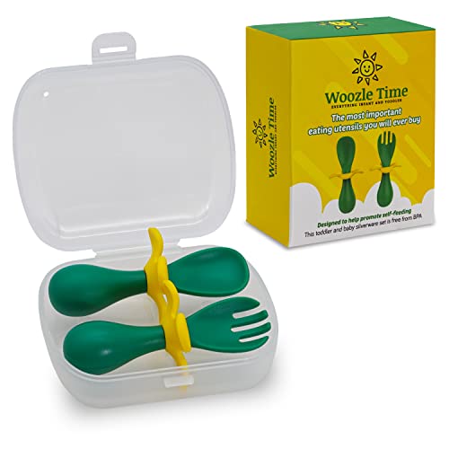 Woozle Time - Toddler Fork and Spoon - First Feeding - Training Utensils - Anti-Choke Utensils - Baby Self Feeding Spoon and Fork, Green/Yellow