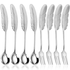 teaspoons & dessert forks set feather shape 18/10 stainless steel, cute silver espresso flatware set for dessert coffee ice cream pudding condiment, 4pcs tea stirring spoons & 4pcs appetizer forks
