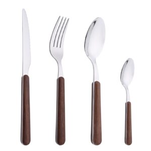 uniturcky 24 piece tableware silverware set with faux wooden handle, brown silver stainless steel flatware cutlery set for 6, utensil set for home including forks spoons knives, mirror polished
