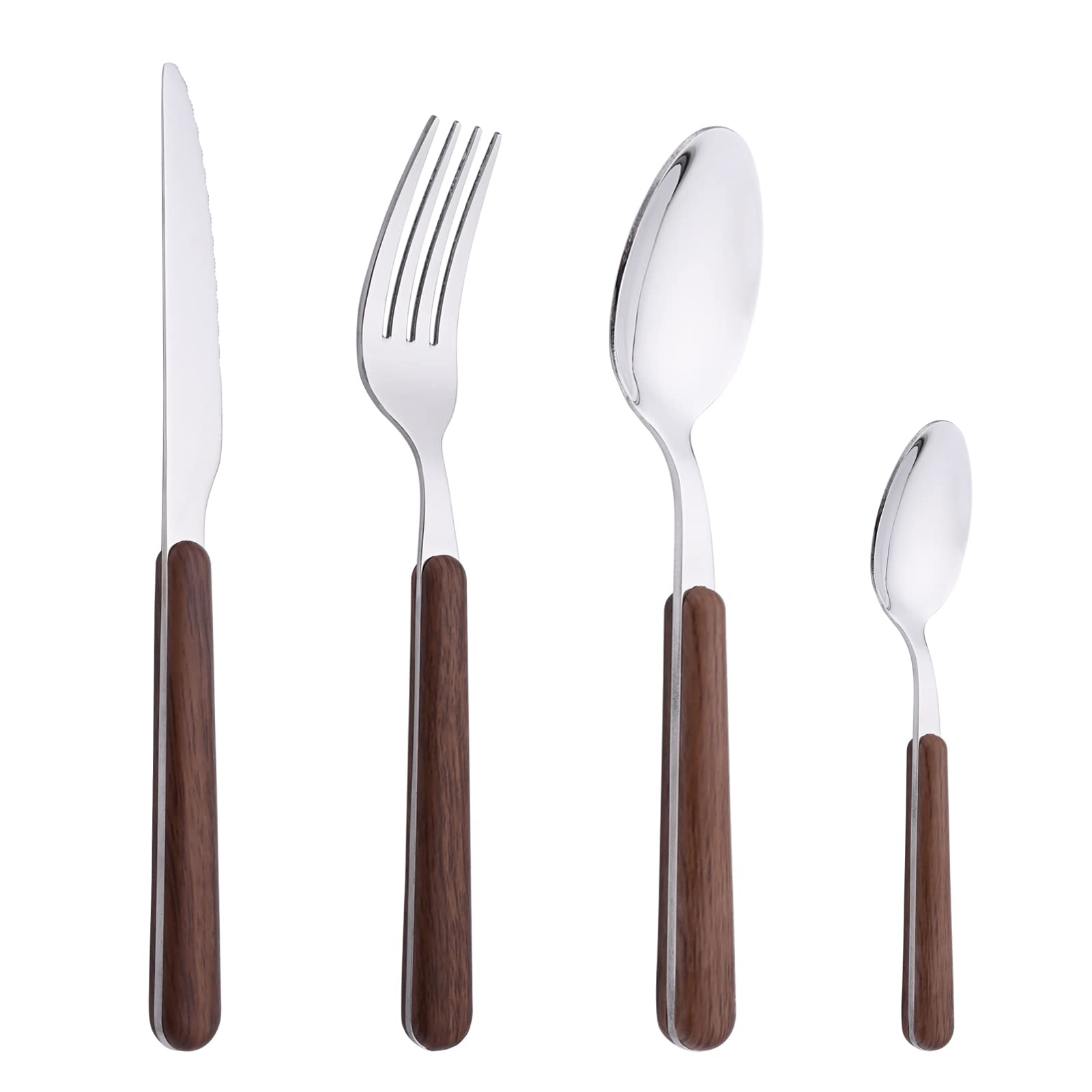 Uniturcky 24 Piece Tableware Silverware Set with Faux Wooden Handle, Brown Silver Stainless Steel Flatware Cutlery Set for 6, Utensil Set for Home Including Forks Spoons Knives, Mirror Polished