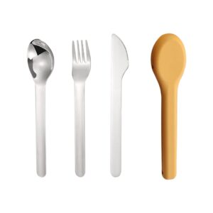 dreamroo travel utensil flatware set - portable cutlery set design for travel, school, work and outdoor- stainless steel spoon, fork, & knife with silicone case (yellow)