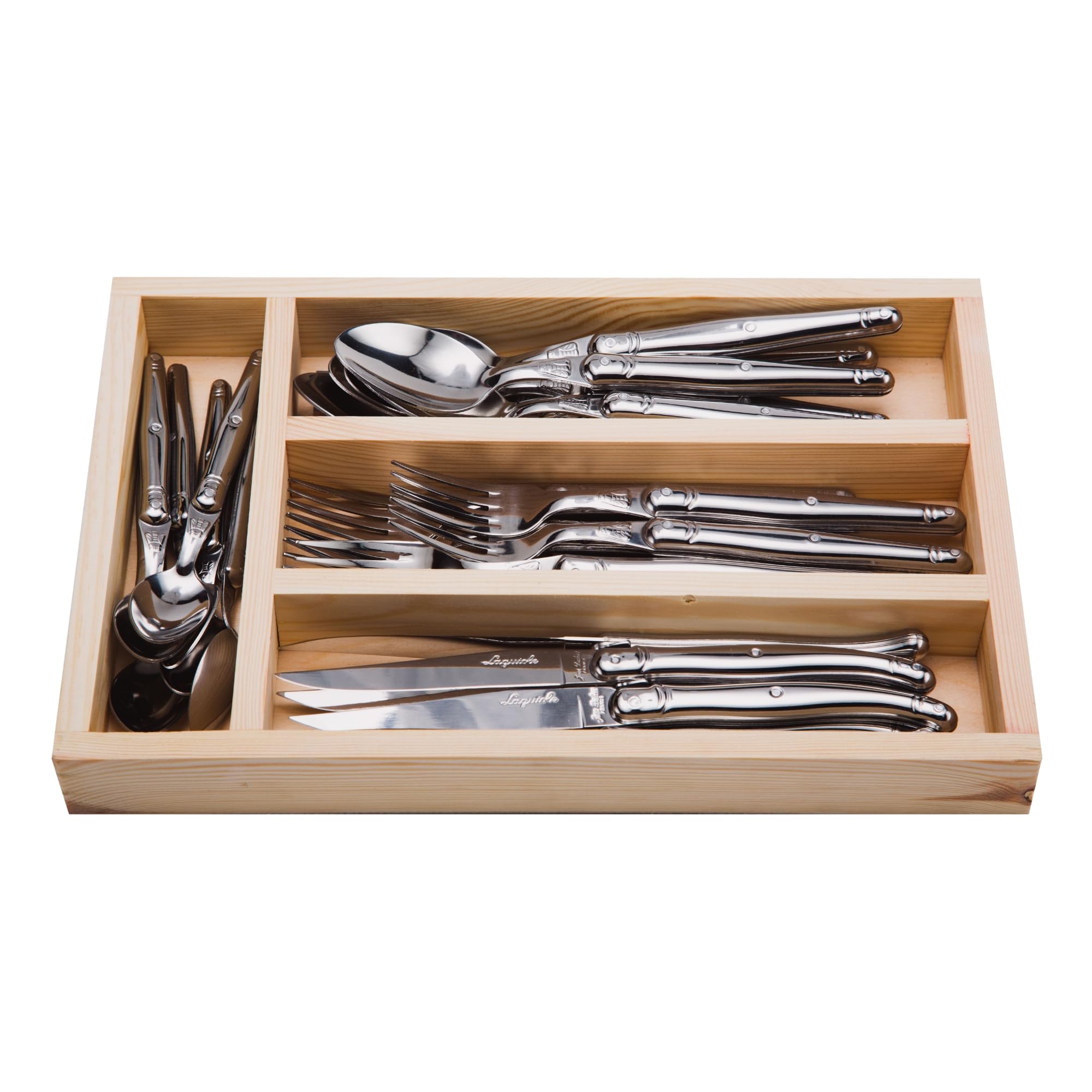 Jean Dubost Laguiole 24-Piece Everyday Flatware Set, Stainless Steel Handles - Rust-Resistant Stainless Steel - Includes Wooden Tray - Made in France