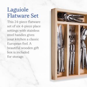 Jean Dubost Laguiole 24-Piece Everyday Flatware Set, Stainless Steel Handles - Rust-Resistant Stainless Steel - Includes Wooden Tray - Made in France