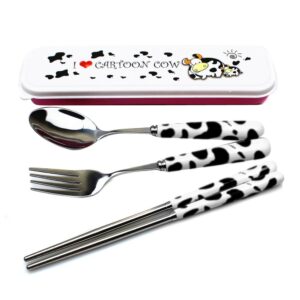olizee® cute creative cow pattern design flatware set of 3 ceramics handle stainless steel spoon fork chopsticks for traveling portable lovely animals korean tableware set (black)