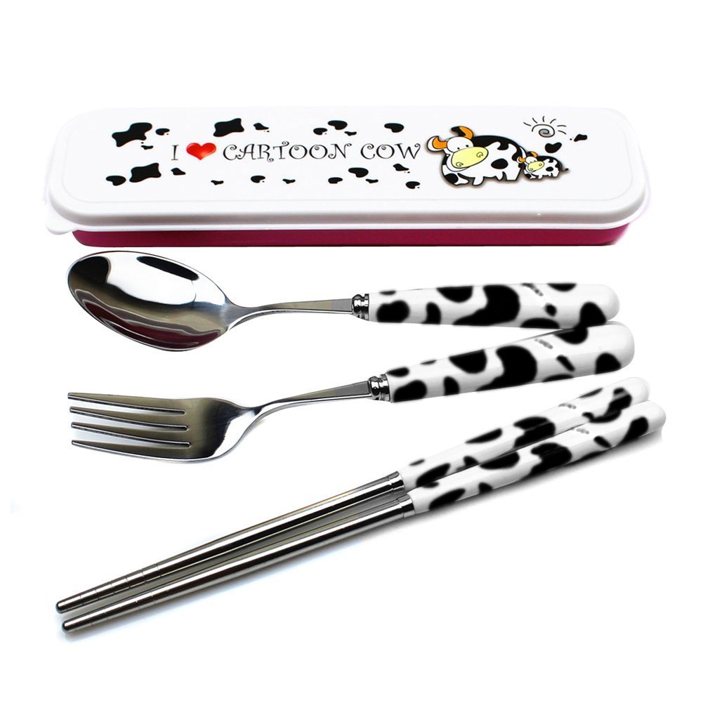 OLizee® Cute Creative Cow Pattern Design Flatware Set of 3 Ceramics Handle Stainless Steel Spoon Fork Chopsticks for Traveling Portable Lovely Animals Korean Tableware Set (Black)