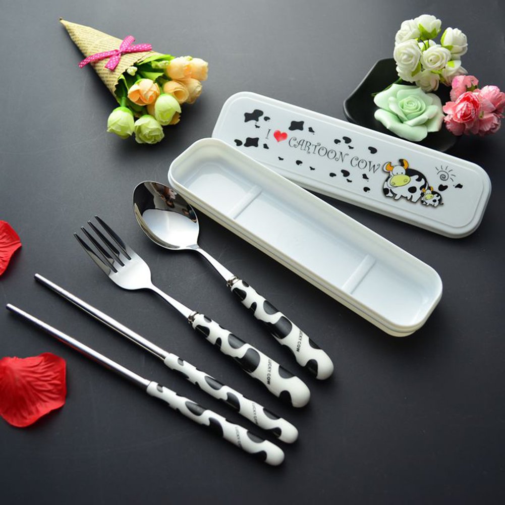 OLizee® Cute Creative Cow Pattern Design Flatware Set of 3 Ceramics Handle Stainless Steel Spoon Fork Chopsticks for Traveling Portable Lovely Animals Korean Tableware Set (Black)