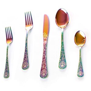 40 pieces stainless steel flatware set for 8 people knives forks spoons set, scroll pattern design, mirror polish colorful finished and dishwasher safe (s40-colorful)