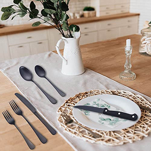 Matte Black Silverware Set with Steak Knives, 48 Pieces Stainless Steel Flatware Cutlery Set for 8， Hand Wash Recommended (Black)