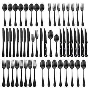 matte black silverware set with steak knives, 48 pieces stainless steel flatware cutlery set for 8， hand wash recommended (black)