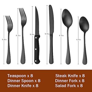 Matte Black Silverware Set with Steak Knives, 48 Pieces Stainless Steel Flatware Cutlery Set for 8， Hand Wash Recommended (Black)