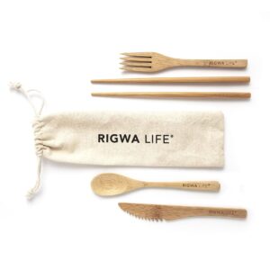 rigwa life | custom bamboo cutlery | reusable & eco-friendly travel utensils | wooden utensils for eating | includes reusable chopsticks, spoon, fork, knife and canvas bag |