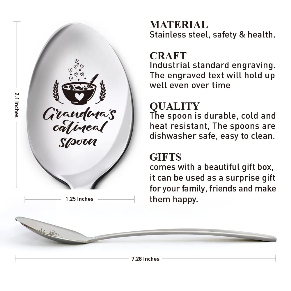 Engraved Spoon Gift for Grandma, Grandma's Oatmeal Spoon, Mother’s Day Birthday Christmas Gifts for Best Grandma Ever, Grandmother Gifts from Granddaughter Grandson Grandchildren, Stainless Steel