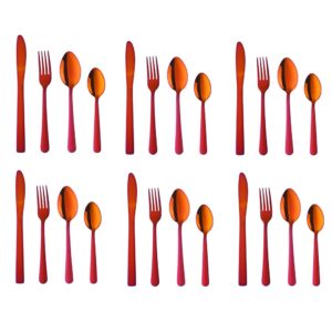 buygo silverware set flatware set stainless steel dinnerware set 24-piece cutlery set, service for 6, rainbow red