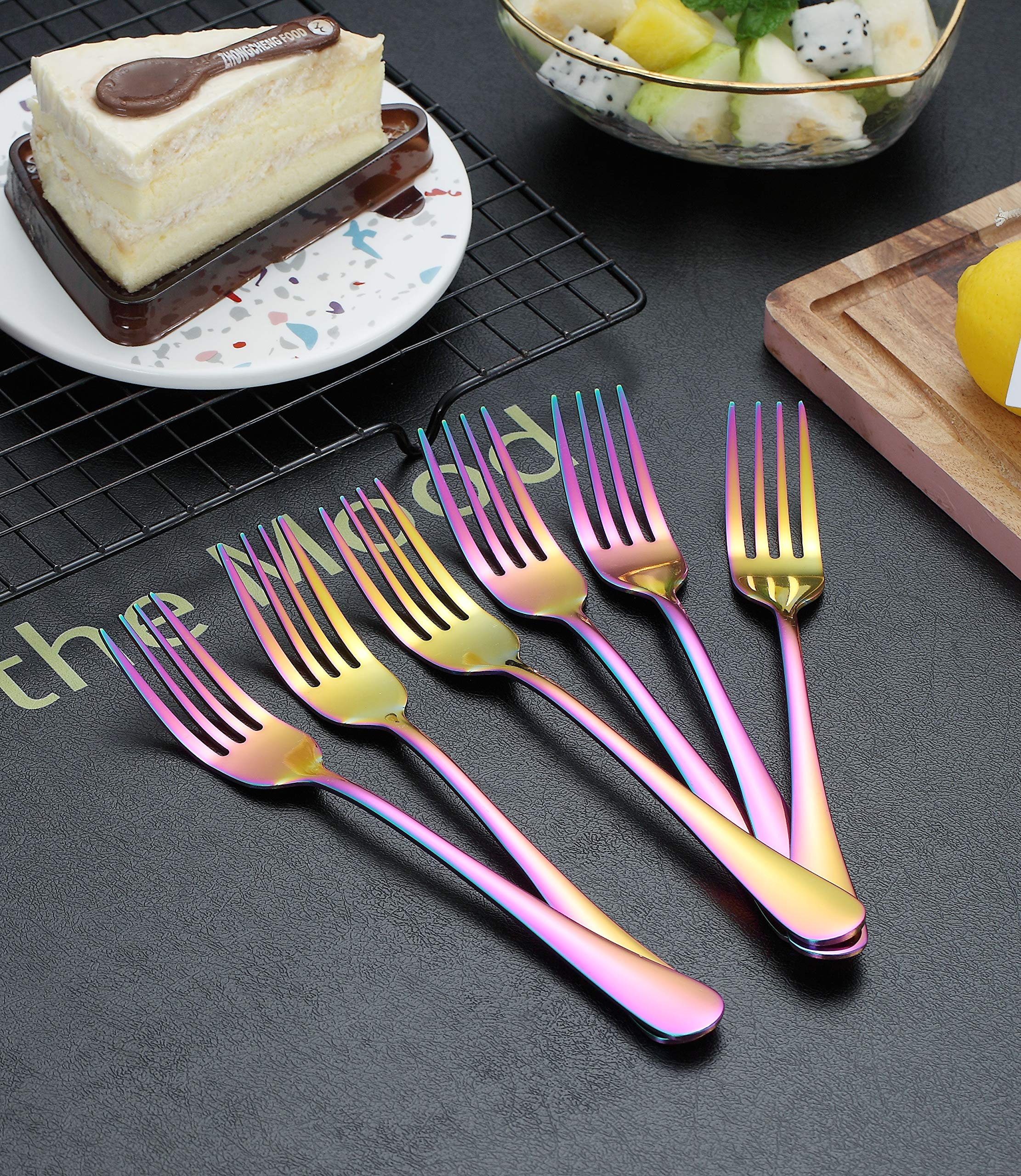 Kyraton Rainbow Dinner Fork 6 Pieces, Stainless Steel 8.17 Inch Forks Colorful Titanium Plating Silverware, Mutil-Color Forks Set of 6