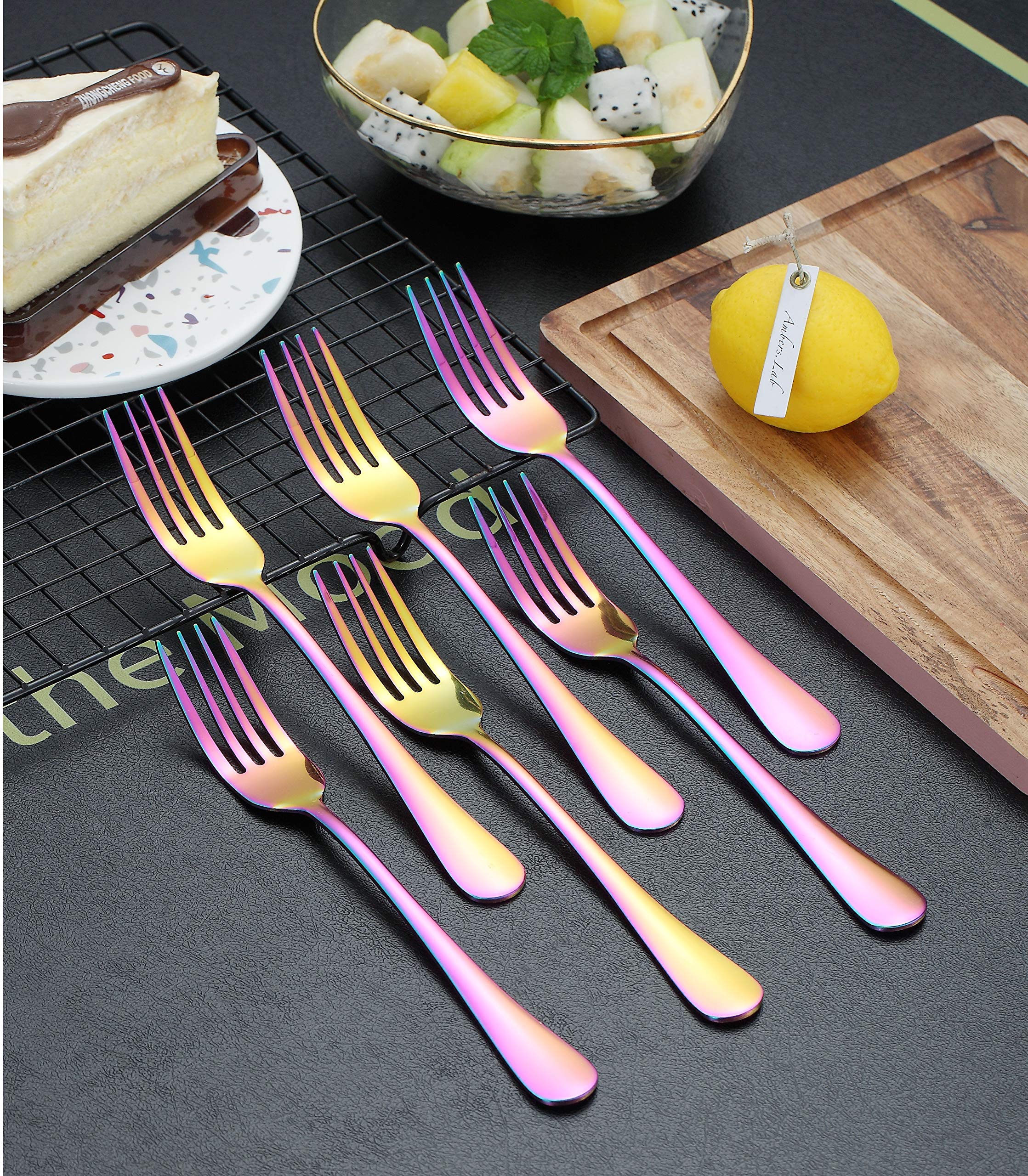 Kyraton Rainbow Dinner Fork 6 Pieces, Stainless Steel 8.17 Inch Forks Colorful Titanium Plating Silverware, Mutil-Color Forks Set of 6