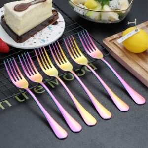 Kyraton Rainbow Dinner Fork 6 Pieces, Stainless Steel 8.17 Inch Forks Colorful Titanium Plating Silverware, Mutil-Color Forks Set of 6