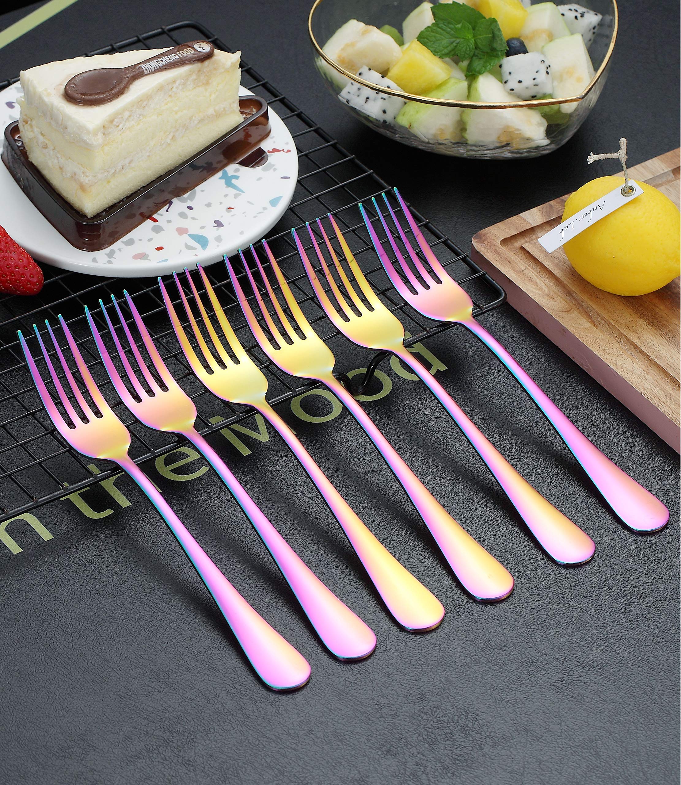 Kyraton Rainbow Dinner Fork 6 Pieces, Stainless Steel 8.17 Inch Forks Colorful Titanium Plating Silverware, Mutil-Color Forks Set of 6