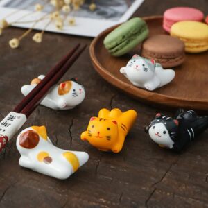 5 Pack Cat Chopsticks Rest Set, Chinese Paint Brush Rests, Japanese Style Porcelain Cute Lucky Cat Ceramic Chopsticks Holder Rack for Dinner Fork Spoon Knife Tableware, Home Kitchen Gift (Cute Cat)