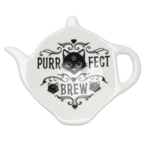 pacific giftware purrfect brew spoon and tea bag rest, collectible gothic china utensil dish, 4.33 inches x 3.27 inches x 0.71 inches, 0.17 lbs