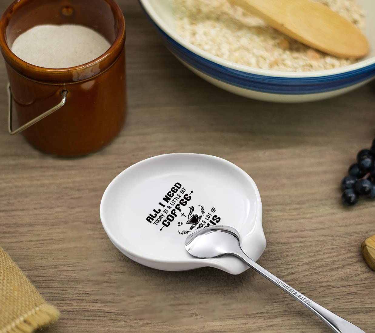 LRUIOMVE Ceramic Coffee Spoon Holder and Spoon Set Funny Coffee Quote - All I Need Today Is A Little Bit Coffee - Coffee Spoon Rest - Coffee Bar Accessories Station Decor Ideal Gift for Coffee Lovers