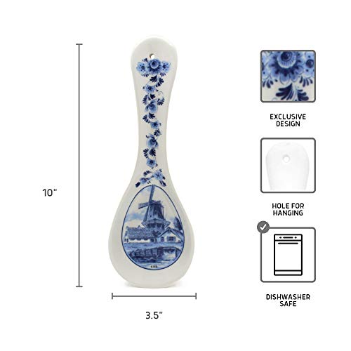 E.H.G - Decorative Ceramic Spoon Rest for Stove Top | Blue & White Windmill Kitchen Essentials | Traditional Kitchen Utensil Holder | Dimensions: 1x3.5x10 Inches.