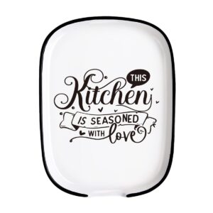 ceramic spoon rest for kitchen-funny kitchen is seasoned with love quote spoon rest for stove top-large spoon holder for kitchen counter-heat resistant cooking utensil rest-modern kitchen décor