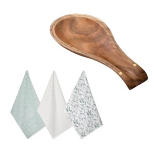 Folkulture Wooden Spoon Rest and Kitchen Towels Bundle, Spoon Rest for Kitchen Counter, Spoon Holder for Stove, Kitchen Towels or Tea Towels, 18 X 28 Inches Cotton Dishrags